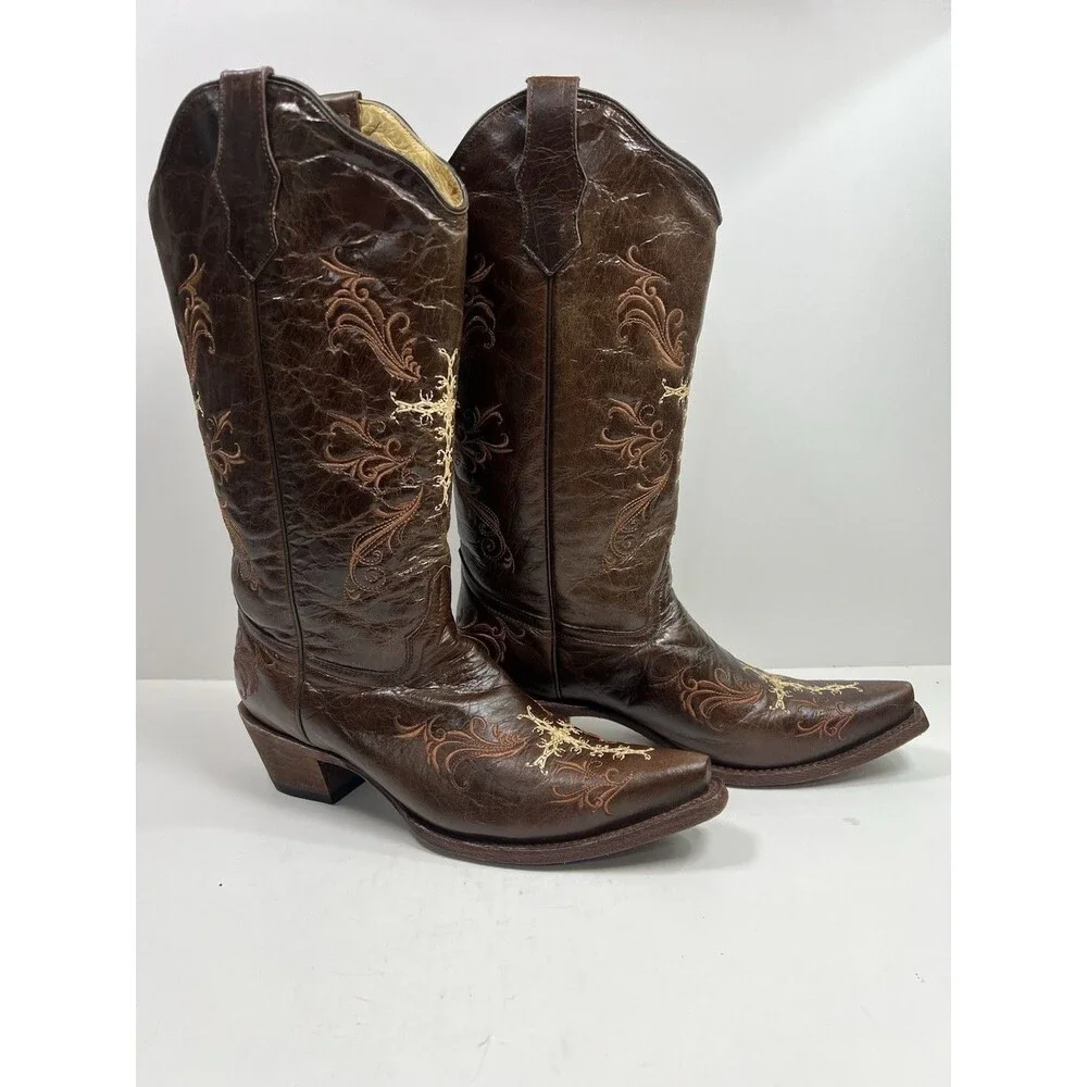 Circle G by Corral L5039 Brown Leather Cross Embroidered Cowboy Boots Women 10M